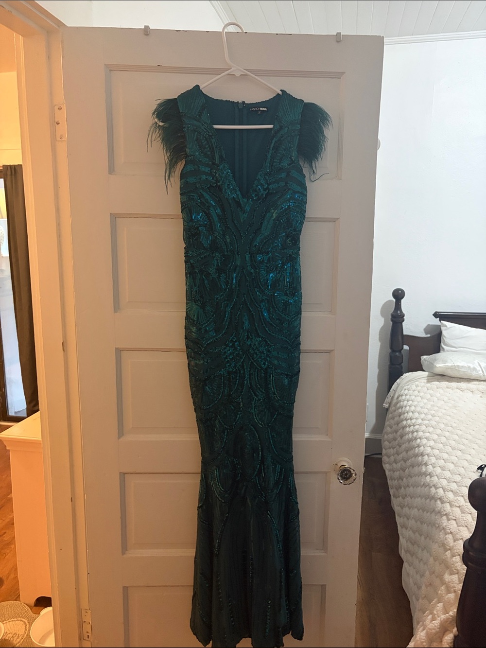 Fashion Nova Teal Green Beaded V-Neck Evening Gown with Feather Shoulders